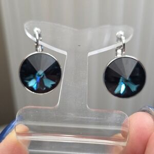NEW Crystals from Austria 17mm Round Navy Faceted‎ Leverback Earrings Platinum